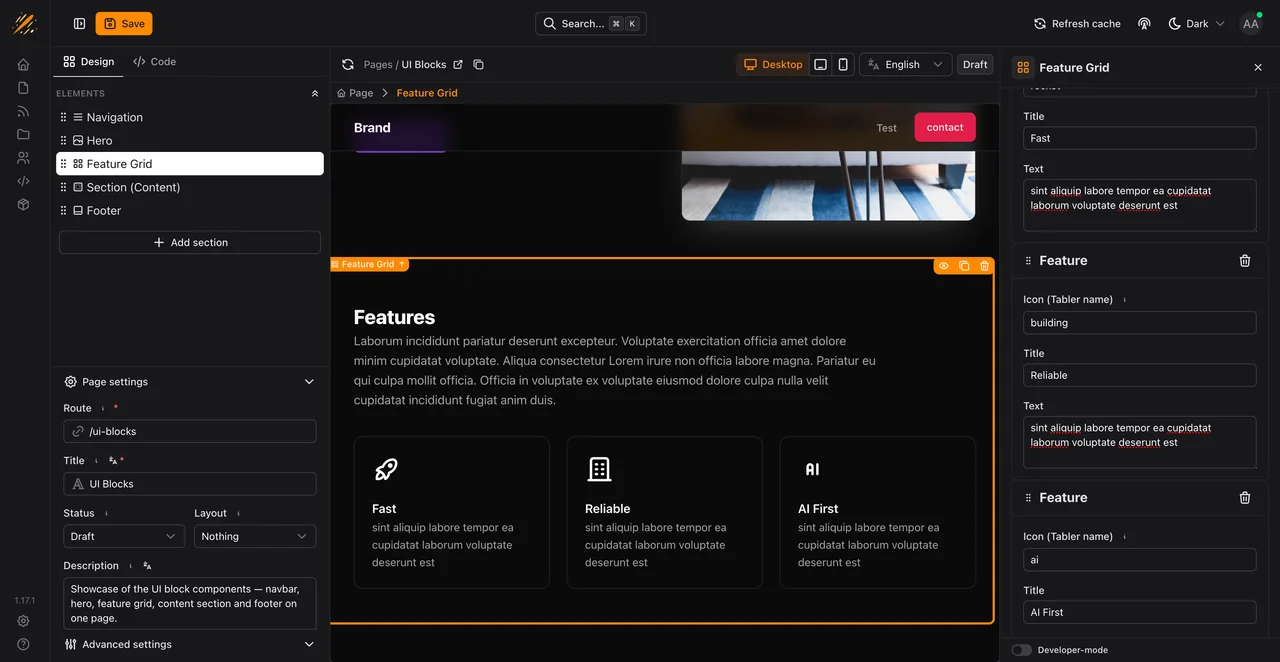 Neletos Page Builder mit dem Feature-Grid-Element in Design- und Code-Tabs