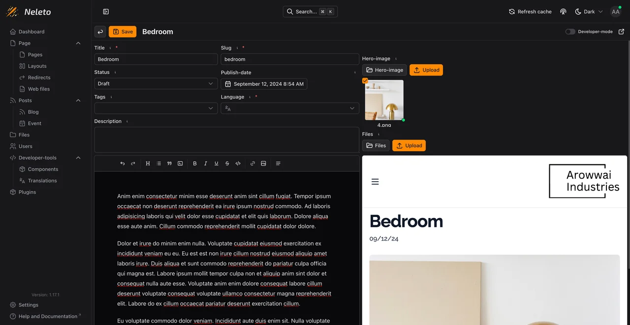 Beitragseditor mit Live-Vorschau neben dem Inhalt