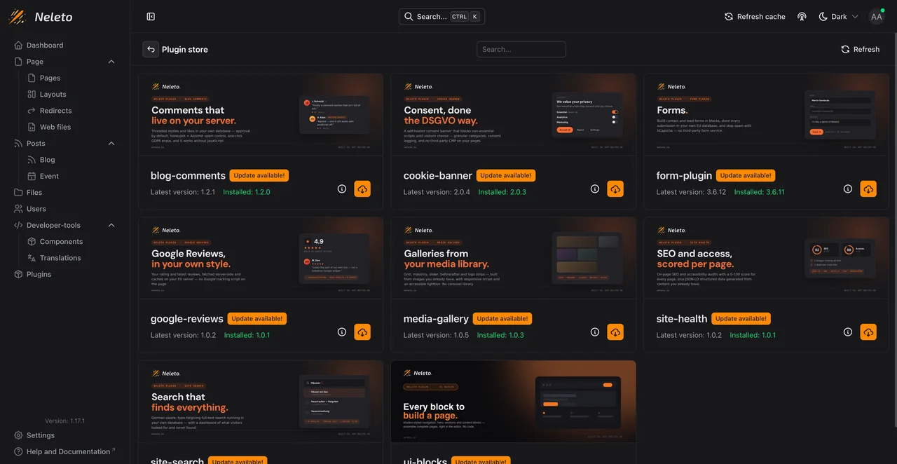 Plugin-Store mit einer Karte für jedes eingebaute Plugin