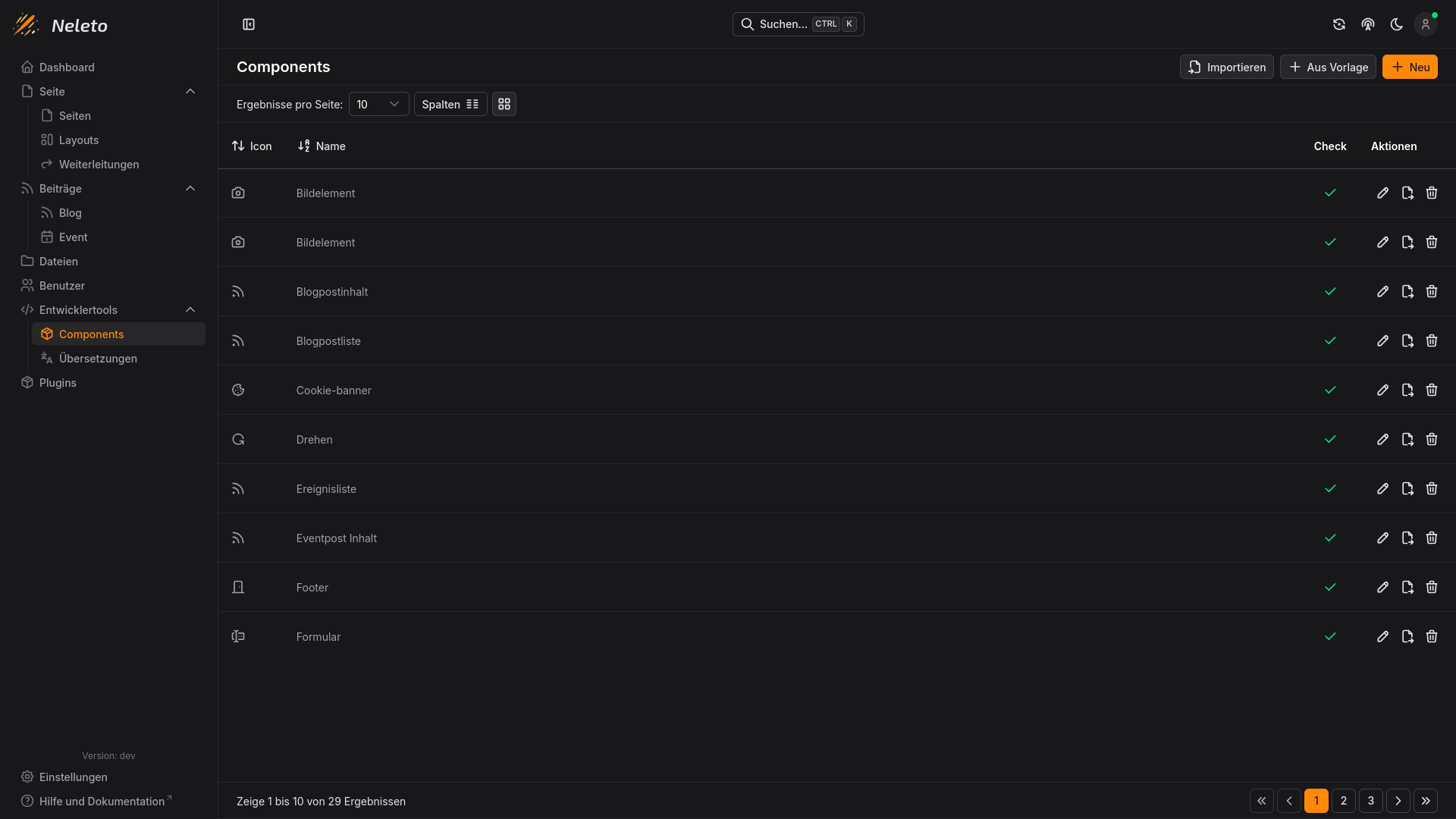 Ein Screenshot von Neletos Komponenten Seite