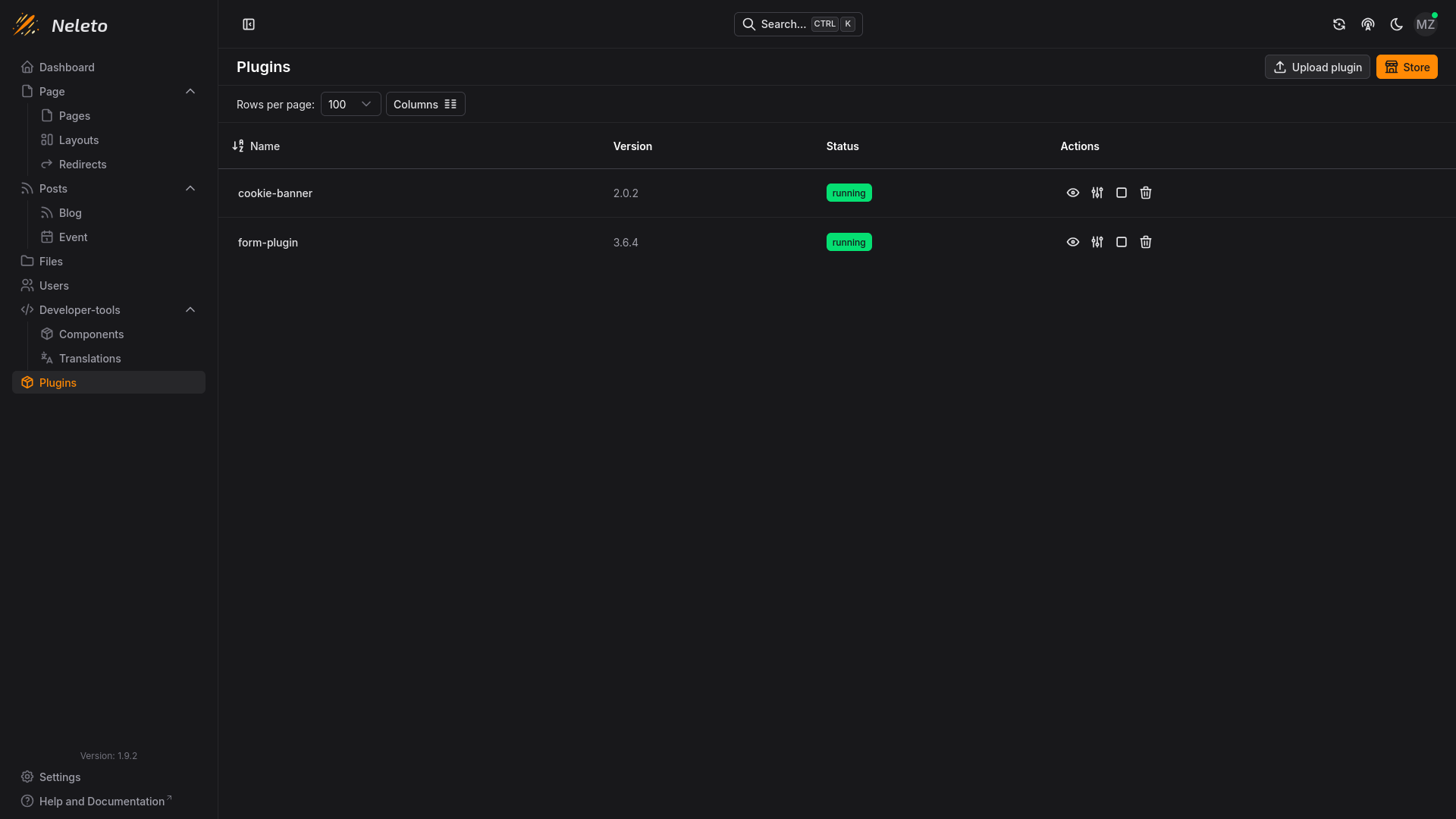 A Screenshot of Neleto's plugin management